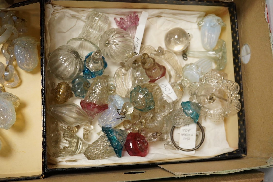 Various component parts of coloured Venetian floral chandeliers, glass central column 43cm high